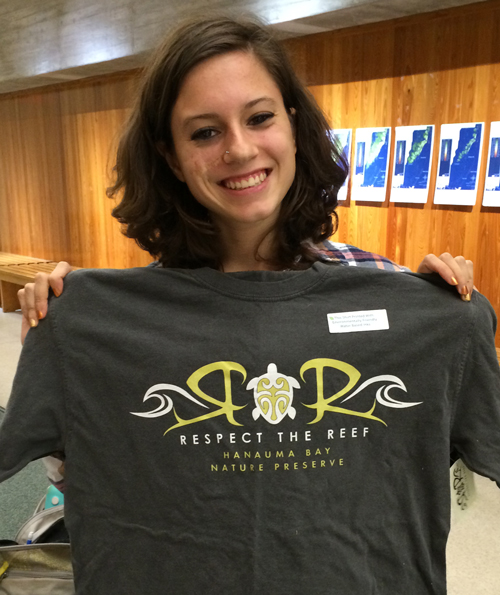 University of Miami student shows of new Respect the Reef tee donated for Ocean Awareness Week Nov 2013